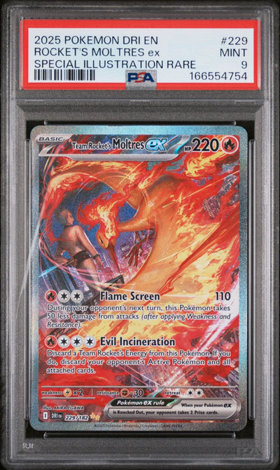 Pokémon Rocket's Moltres EX #229 Destined Rivals Special Illustration Rare 2025 English PSA 9 Graded Trading Card — slab front and PSA certification label, cert 166554754
