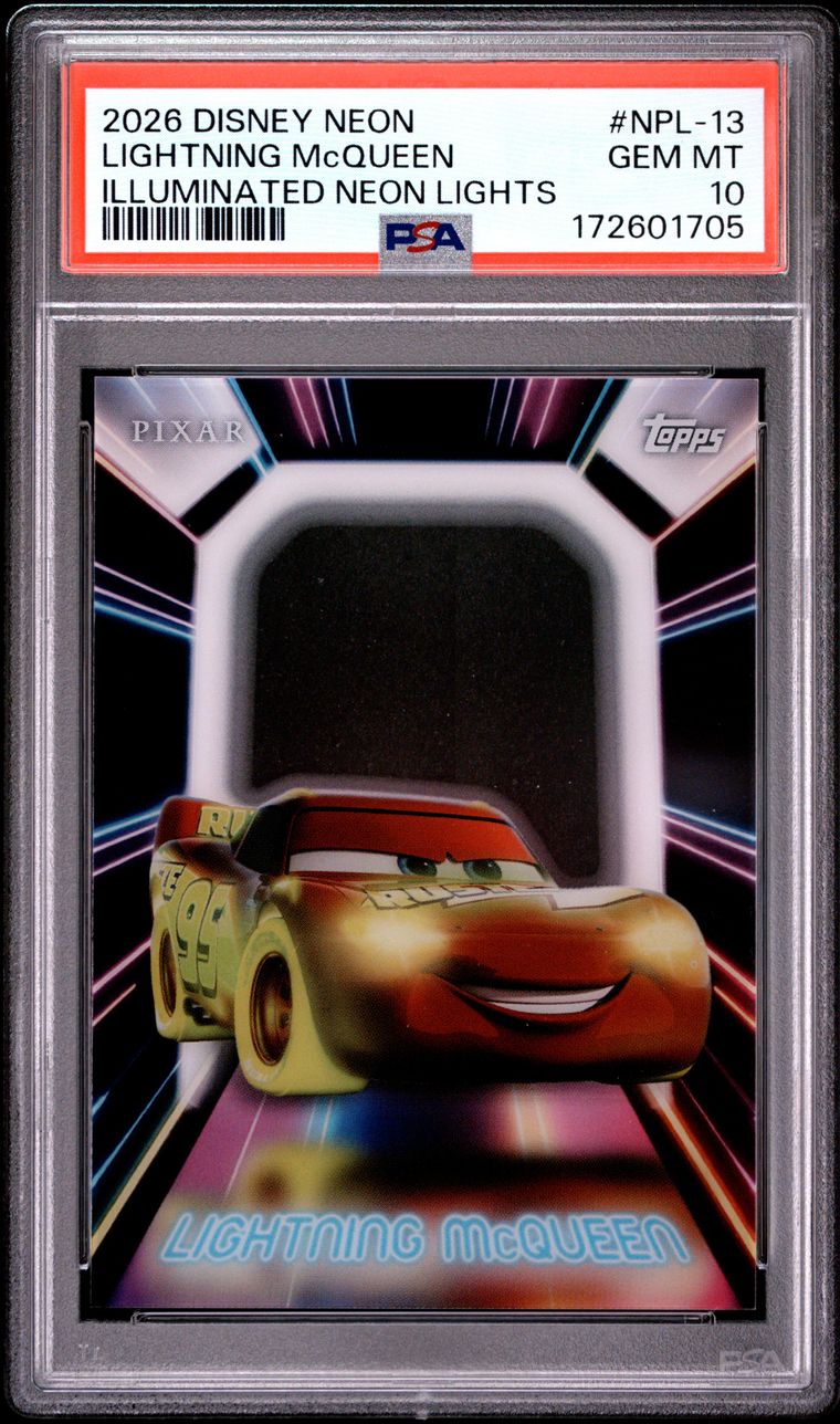 Topps Disney Lightning Mcqueen #NPL-13 Neon Illuminated Neon Lights 2026 English PSA 10 Graded Trading Card — slab front and PSA certification label, cert 172601705
