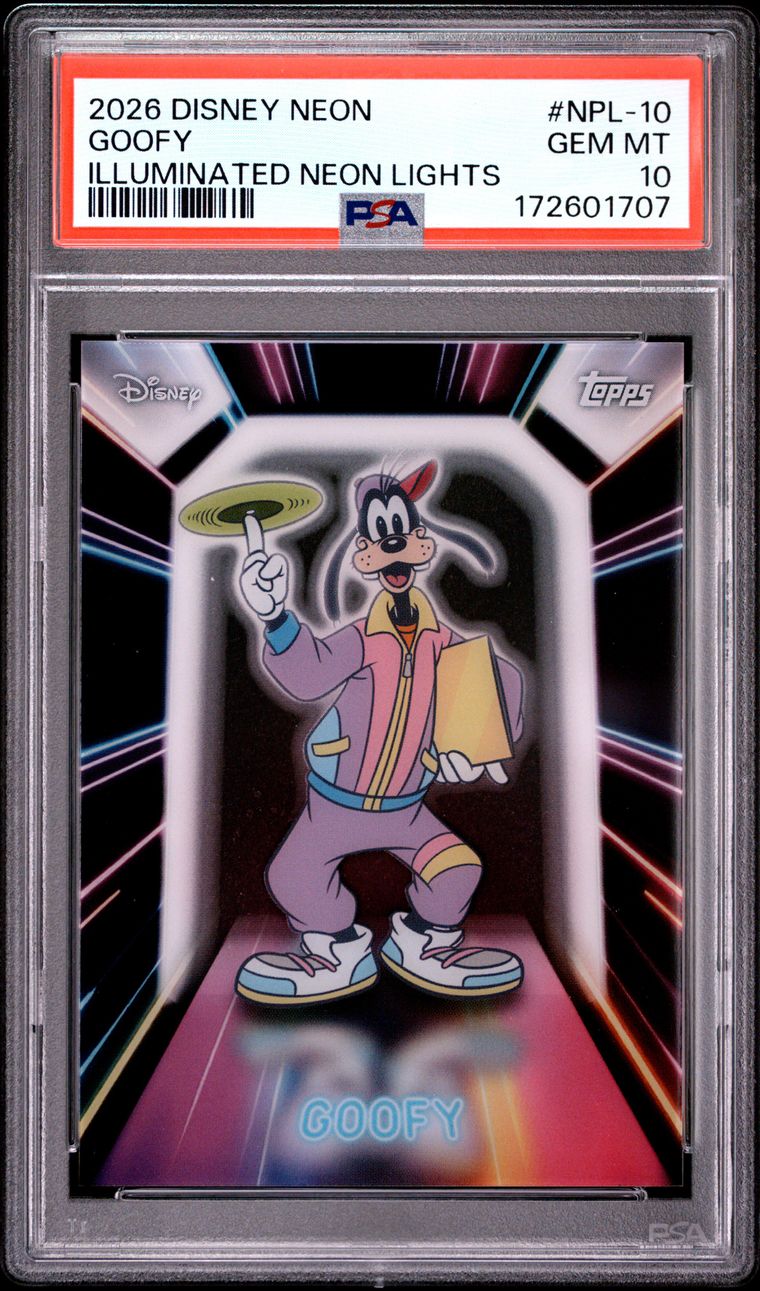 Topps Disney Goofy #NPL-10 Neon Illuminated Neon Lights 2026 English PSA 10 Graded Trading Card — slab front and PSA certification label, cert 172601707