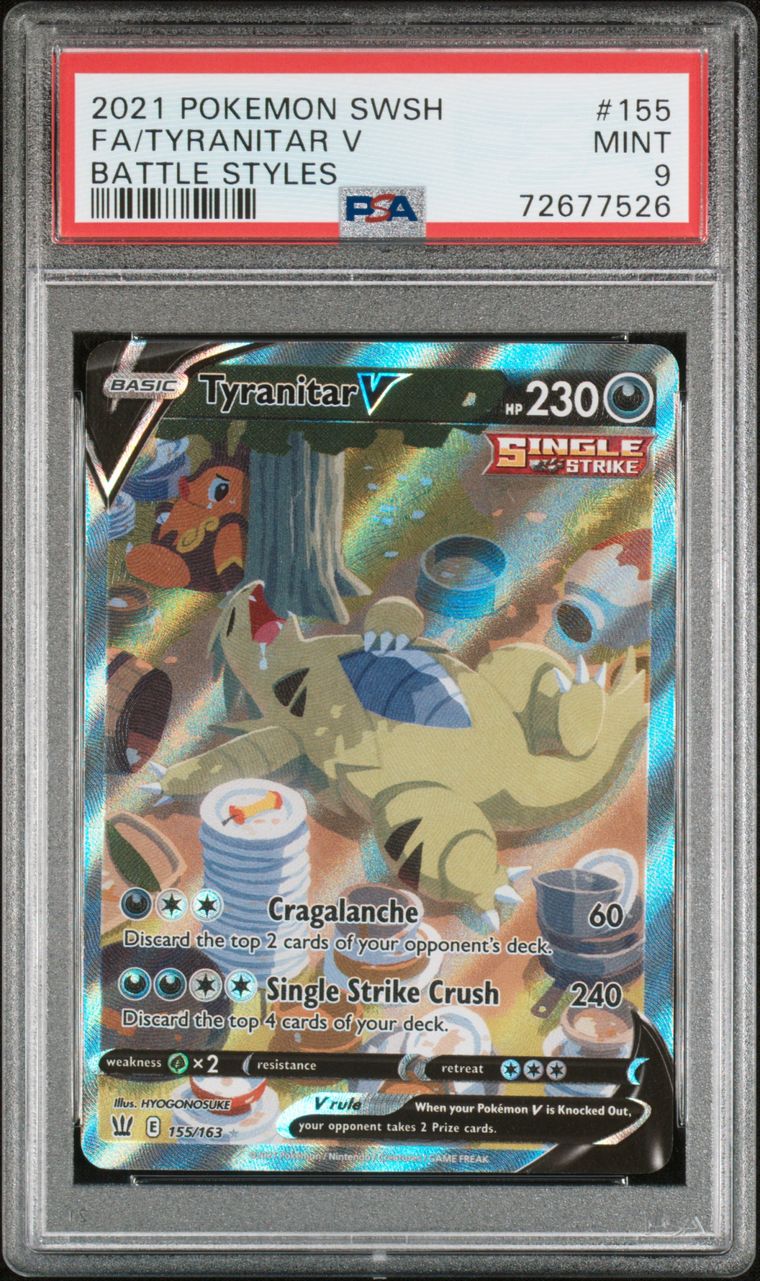 Pokémon Tyranitar V #155 Sword & Shield Battle Styles Full Art 2021 English PSA 9 Graded Trading Card — slab front and PSA certification label, cert 72677526