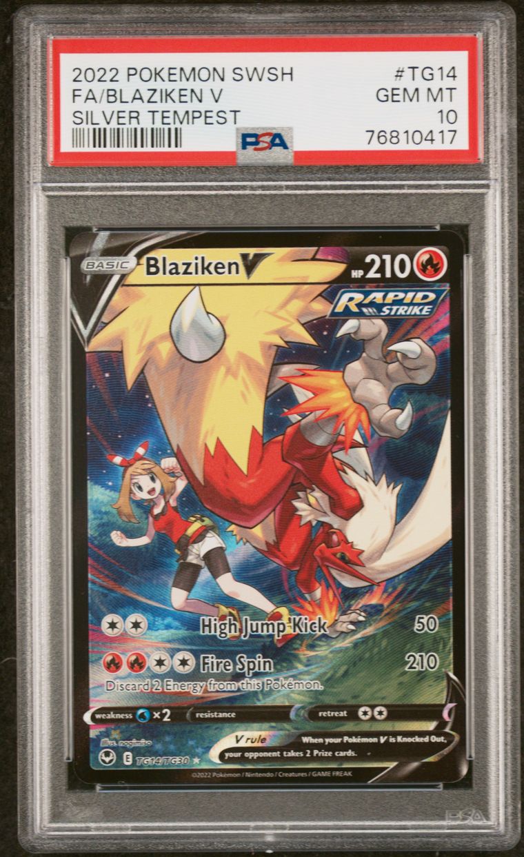 Pokémon Blaziken V #TG14 Sword & Shield Silver Tempest Full Art 2022 English PSA 10 Graded Trading Card — slab front and PSA certification label, cert 76810417