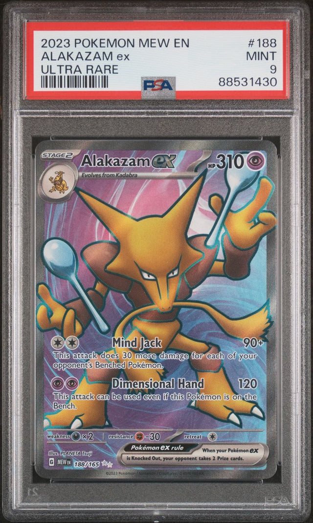 Pokémon Alakazam EX #188 151 Ultra Rare 2023 English PSA 9 Graded Trading Card — slab front and PSA certification label, cert 88531430