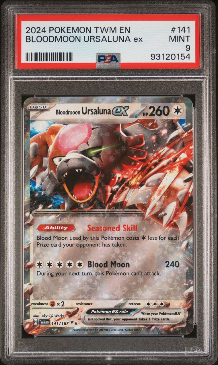 Pokémon Bloodmoon Ursaluna EX #141 Twm En-Twilight Masquerade 2024 English PSA 9 Graded Trading Card — slab front and PSA certification label, cert 93120154