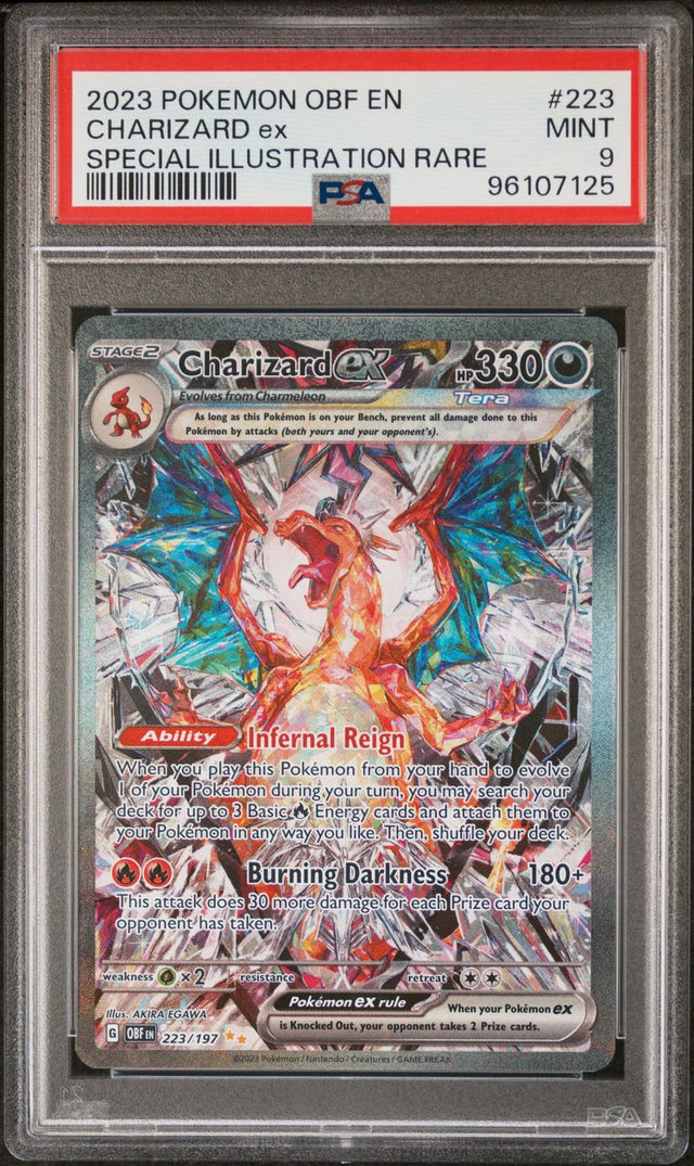 Pokémon Charizard EX #223 Obsidian Flames Special Illustration Rare 2023 English PSA 9 Graded Trading Card — slab front and PSA certification label, cert 96107125