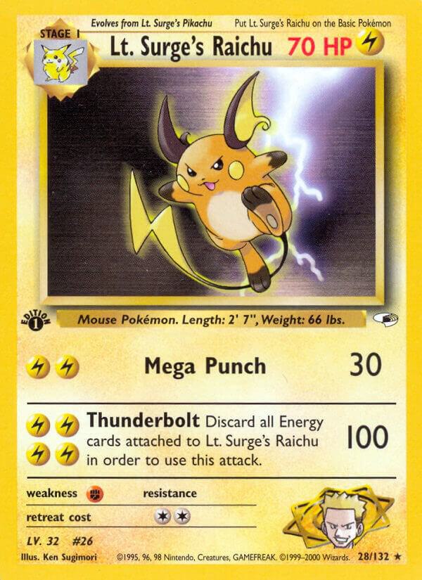 Pokémon Lt. Surge's Raichu #028/132 Gym Heroes Rare Non-Foil Near Mint Unlimited English Trading Card — catalog front, TCGplayer SKU 1192831