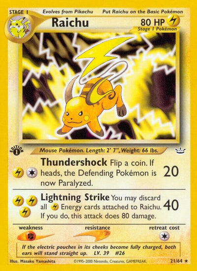 Pokémon Raichu #21/64 Neo Revelation Rare Non-Foil Lightly Played Unlimited English Trading Card — catalog front, TCGplayer SKU 1201815
