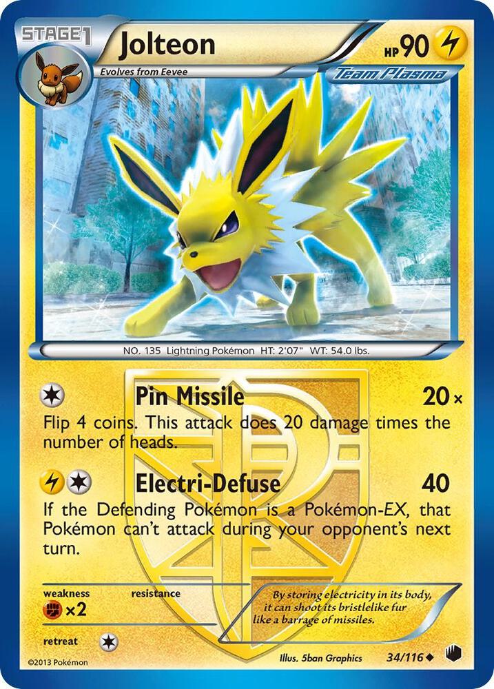 Pokémon Jolteon #34/116 Plasma Freeze Team Plasma Reverse Holofoil Near Mint Trading Card