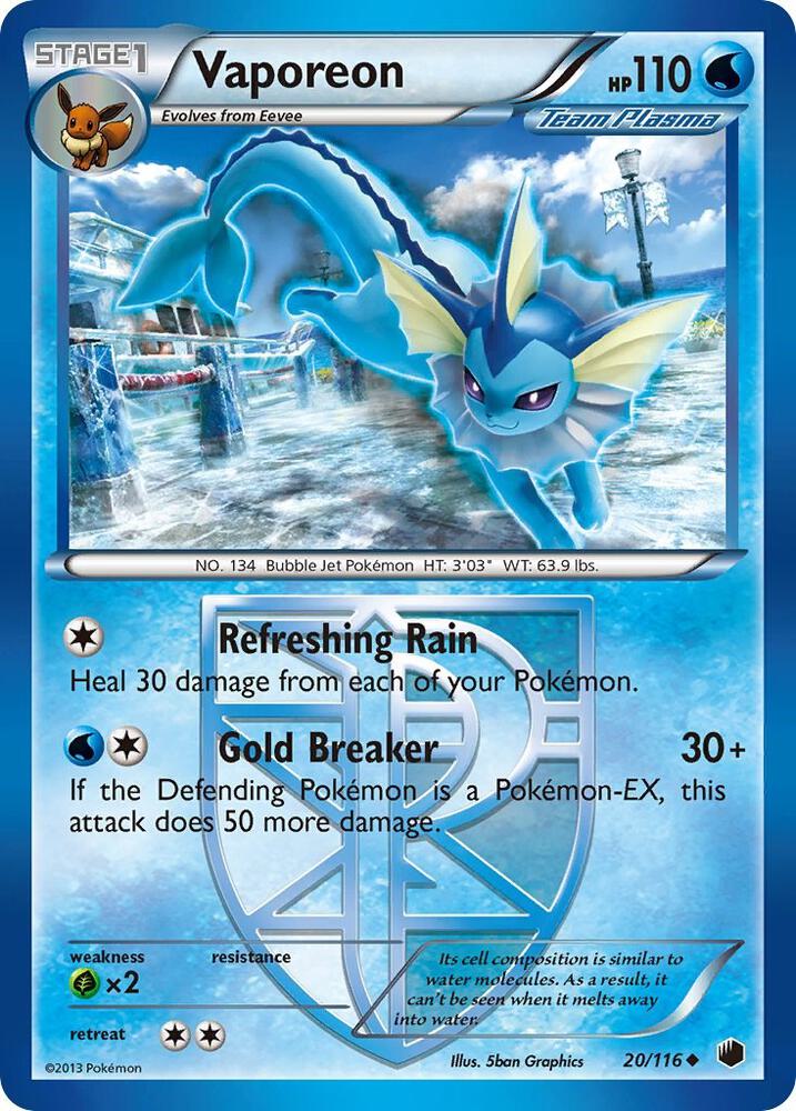 Pokémon Vaporeon #20/116 Plasma Freeze Team Plasma Reverse Holofoil Lightly Played Trading Card