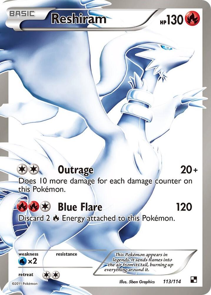 Pokémon Reshiram #113/114 Black and White 113 Full Art Holofoil Lightly Played Trading Card