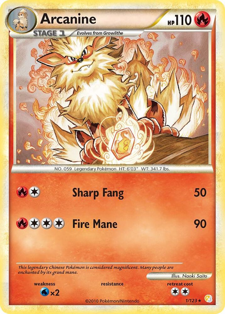 Pokémon Arcanine #1/123 HeartGold SoulSilver Holo Rare Holofoil Moderately Played English Trading Card — catalog front, TCGplayer SKU 1242652