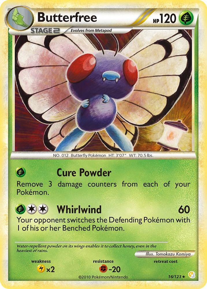 Pokémon Butterfree #16/123 HeartGold SoulSilver Rare Reverse Holofoil Heavily Played English Trading Card — catalog front, TCGplayer SKU 1242698