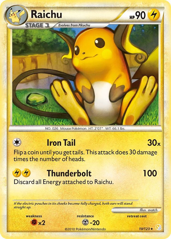Pokémon Raichu #10/123 HeartGold SoulSilver Holo Rare Reverse Holofoil Moderately Played English Trading Card — catalog front, TCGplayer SKU 1243207