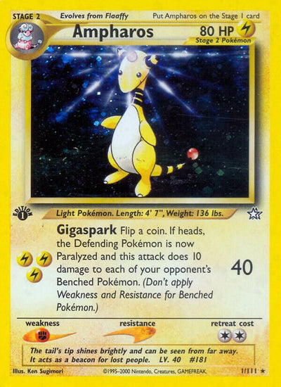 Pokémon Ampharos #001/111 Neo Genesis Holo Rare Holofoil Lightly Played Unlimited English Trading Card — catalog front, TCGplayer SKU 2897783