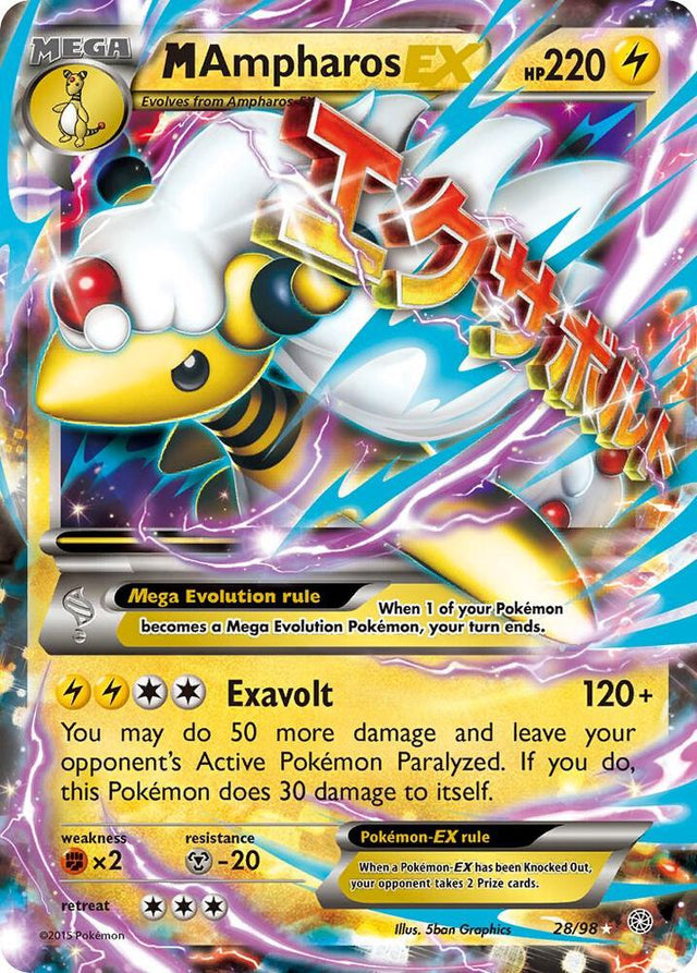 Pokémon M Ampharos EX #28/98 XY - Ancient Origins Ultra Rare Holofoil Moderately Played English Trading Card — catalog front, TCGplayer SKU 2937129