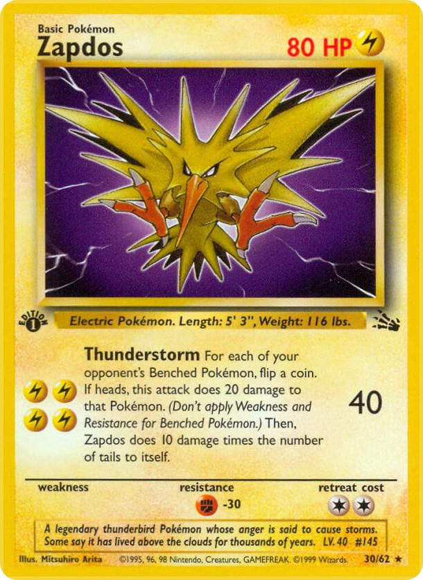 Pokémon Zapdos #30/62 Fossil 30 Non-Foil Lightly Played 1st Edition English Trading Card — catalog front, TCGplayer SKU 2995451