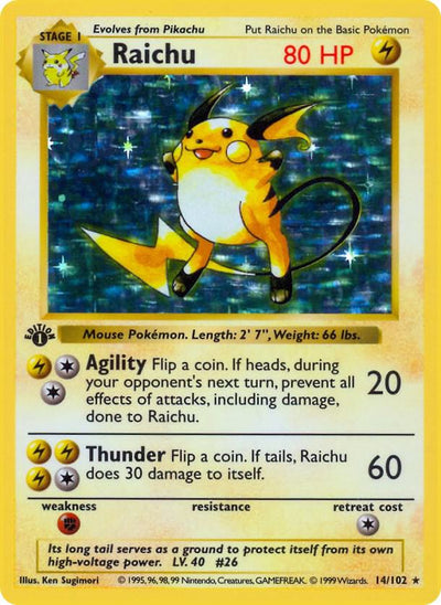 Pokémon Raichu #014/102 Base Set (Shadowless) Holo Rare Holofoil Moderately Played Unlimited Trading Card