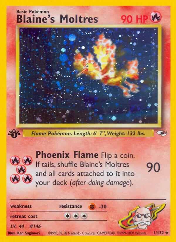 Pokémon Blaine's Moltres #001/132 Gym Heroes Holo Rare Holofoil Moderately Played 1st Edition English Trading Card — catalog front, TCGplayer SKU 3144363