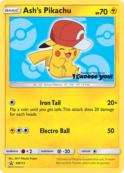 Pokémon Ash's Pikachu #SM113 SM Promos Promo Non-Foil Near Mint English Trading Card — catalog front, TCGplayer SKU 3551721