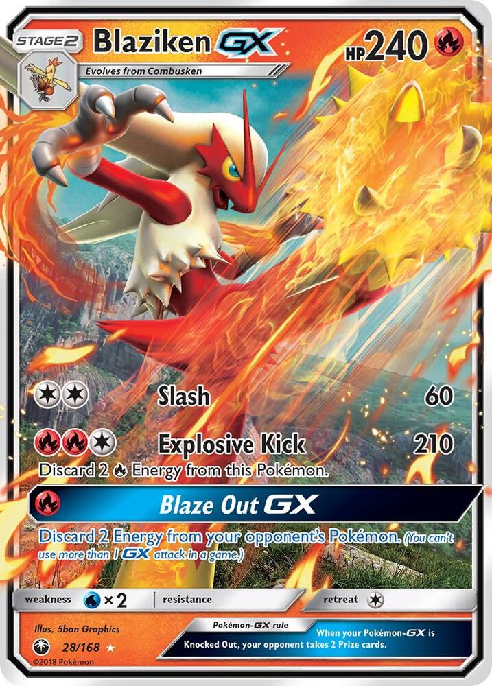 Pokémon Blaziken GX #28/168 SM - Celestial Storm Ultra Rare Holofoil Near Mint English Trading Card — catalog front, TCGplayer SKU 3806505