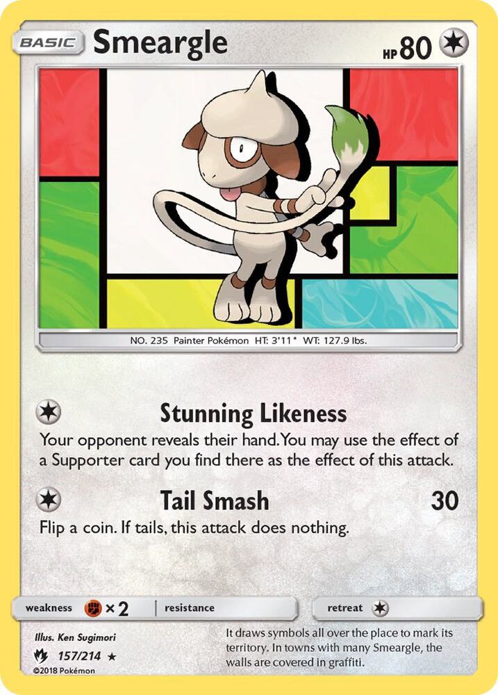 Pokémon Smeargle #157/214 SM - Lost Thunder Rare Reverse Holofoil Near Mint English Trading Card — catalog front, TCGplayer SKU 3900383