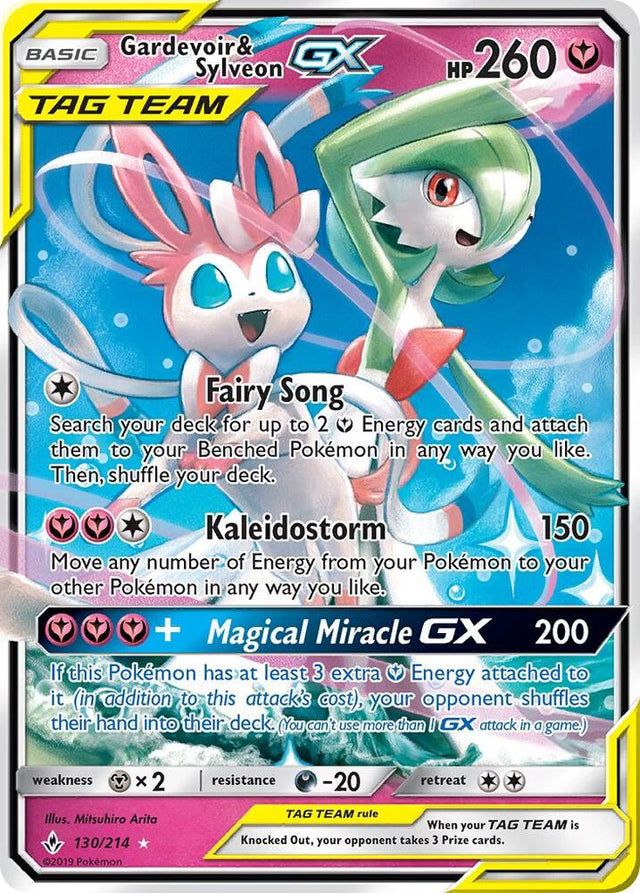 Pokémon Gardevoir & Sylveon GX #130/214 Unbroken Bonds Ultra Rare Holofoil Lightly Played English Trading Card — catalog front, TCGplayer SKU 4004033