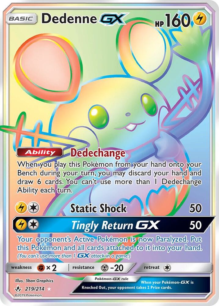 Pokémon Dedenne GX #219/214 SM - Unbroken Bonds Secret Holofoil Near Mint Trading Card