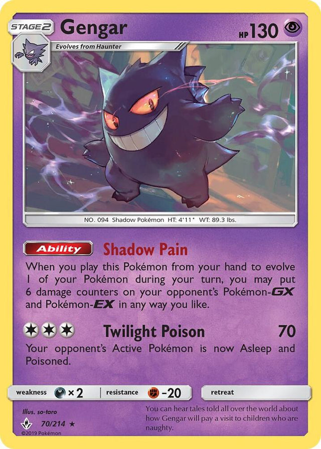 Pokémon Gengar #70/214 Unbroken Bonds Rare Non-Foil Near Mint English Trading Card — catalog front, TCGplayer SKU 4008928