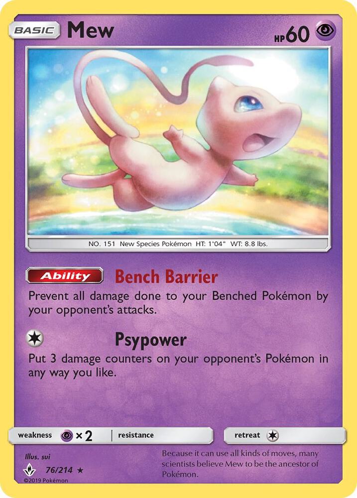 Pokémon Mew #76/214 Unbroken Bonds Holo Rare Holofoil Near Mint English Trading Card — catalog front, TCGplayer SKU 4008988