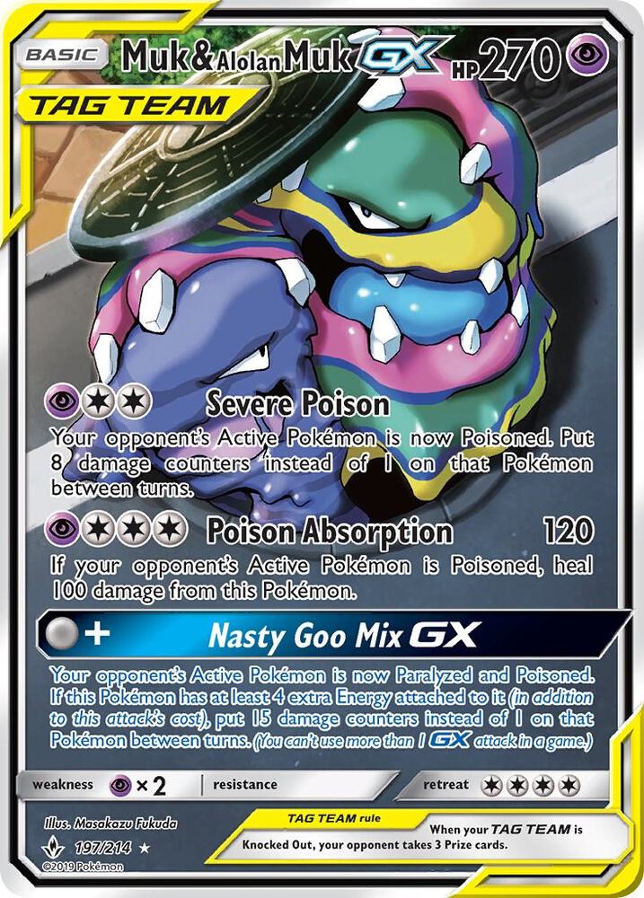 Pokémon Muk & Alolan Muk GX (197) #197/214 SM - Unbroken Bonds Full Art Holofoil Near Mint Trading Card