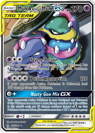 Pokémon Muk & Alolan Muk GX (197) #197/214 SM - Unbroken Bonds Full Art Holofoil Near Mint Trading Card