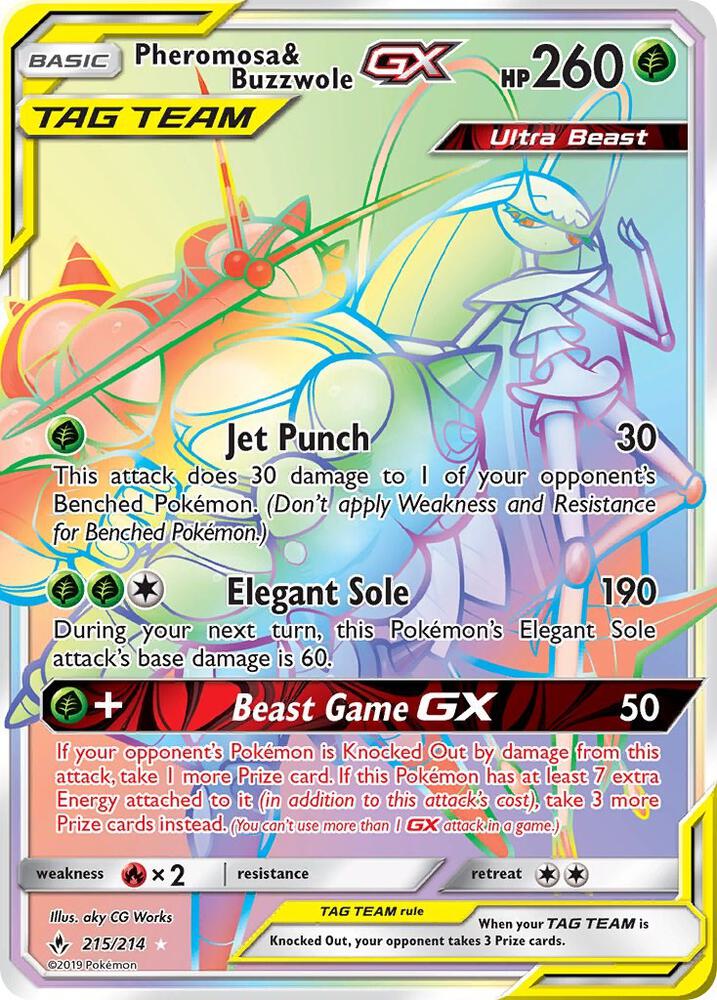 Pokémon Pheromosa & Buzzwole GX #215/214 SM - Unbroken Bonds Secret Holofoil Near Mint English Trading Card — catalog front, TCGplayer SKU 4010239