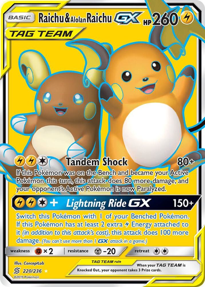 Pokémon Raichu & Alolan Raichu GX #220/236 SM - Unified Minds Full Art Holofoil Near Mint Trading Card
