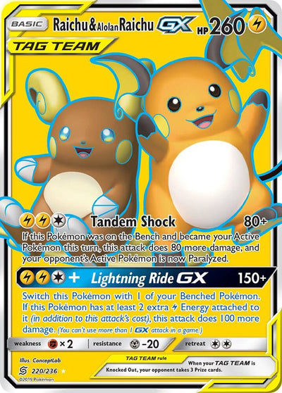 Pokémon Raichu & Alolan Raichu GX #220/236 SM - Unified Minds Full Art Holofoil Near Mint Trading Card