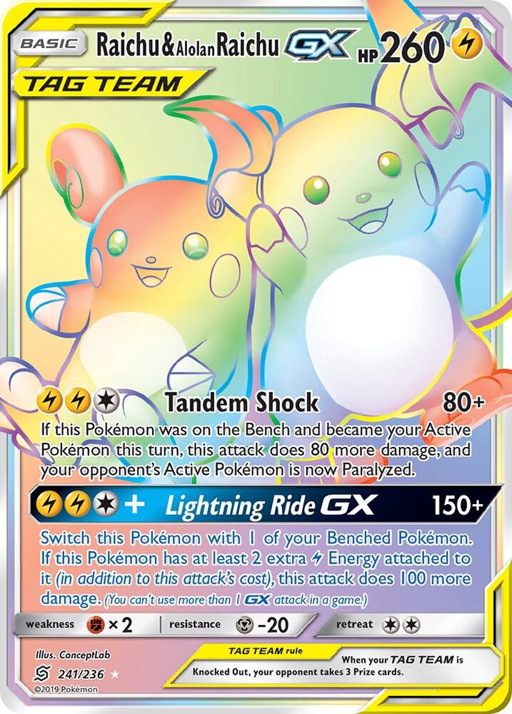Pokémon Raichu & Alolan Raichu GX #241/236 SM - Unified Minds Secret Holofoil Near Mint Trading Card