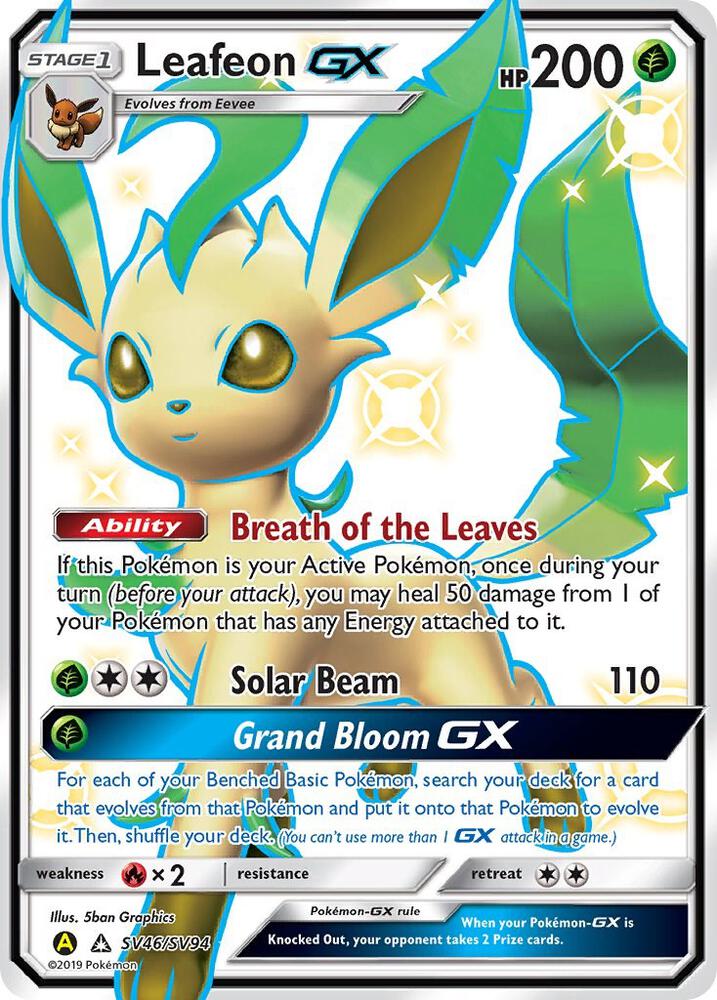 Pokémon Leafeon GX #SV46/SV94 Hidden Fates: Shiny Vault Shiny Holo Rare Holofoil Near Mint English Trading Card — catalog front, TCGplayer SKU 4169959
