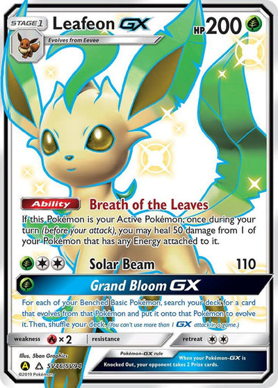 Pokémon Leafeon GX #SV46/SV94 Hidden Fates: Shiny Vault Shiny Holo Rare Holofoil Near Mint English Trading Card — catalog front, TCGplayer SKU 4169959