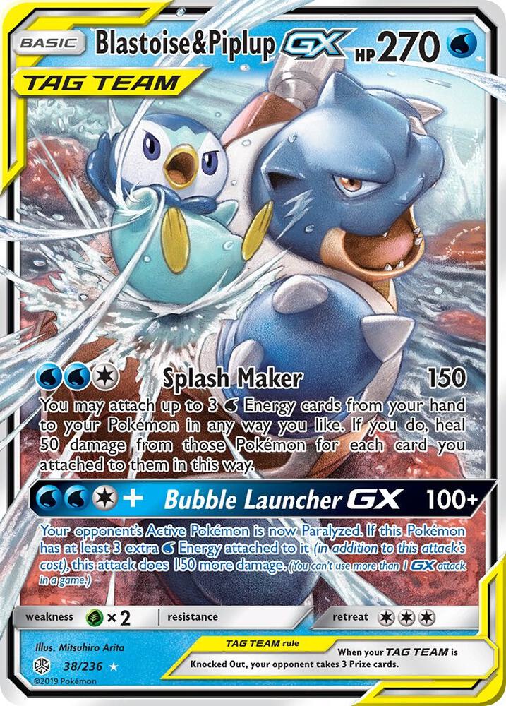 Pokémon Blastoise & Piplup GX #38/236 SM - Cosmic Eclipse Ultra Rare Holofoil Lightly Played English Trading Card — catalog front, TCGplayer SKU 4230095