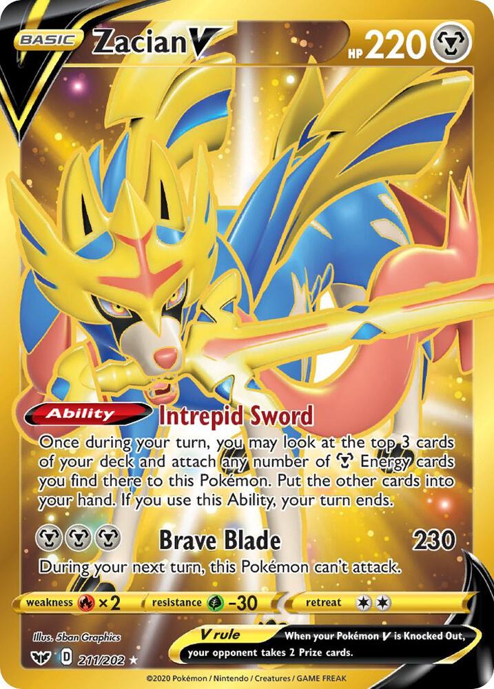 Pokémon Zacian V #211/202 Sword & Shield Base Set Secret Holofoil Near Mint English Trading Card — catalog front, TCGplayer SKU 4337291
