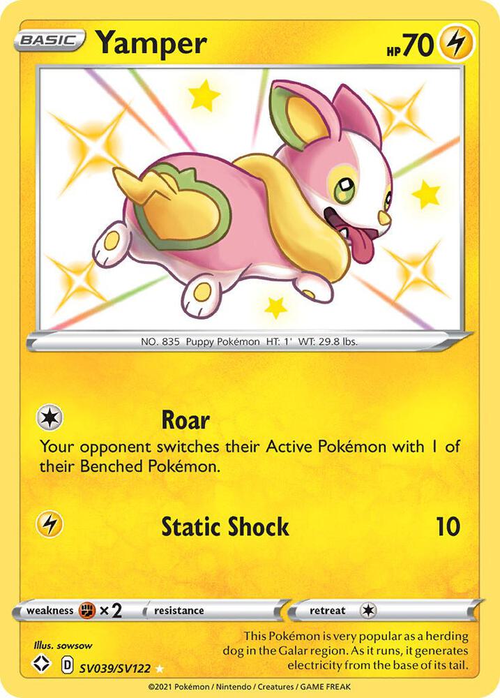 Pokémon Yamper #SV039/SV122 Shining Fates: Shiny Vault Shiny Holo Rare Holofoil Near Mint English Trading Card — catalog front, TCGplayer SKU 4779530