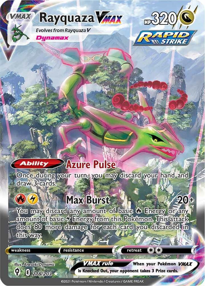 Pokémon Rayquaza VMAX #218/203 SWSH07: Evolving Skies Alternate Art Secret Holofoil Heavily Played Trading Card