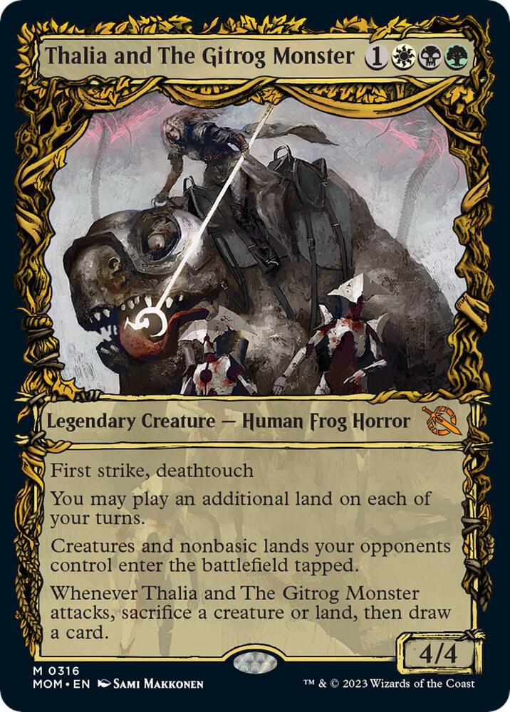 Magic Thalia and The Gitrog Monster #316 March of the Machine Showcase Foil Near Mint English Trading Card — catalog front, TCGplayer SKU 7008147