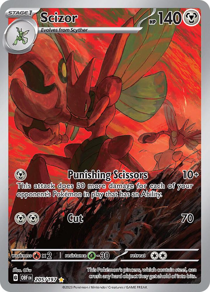 Pokémon Scizor #205/197 SV03: Obsidian Flames Illustration Rare Holofoil Near Mint English Trading Card — catalog front, TCGplayer SKU 7337208