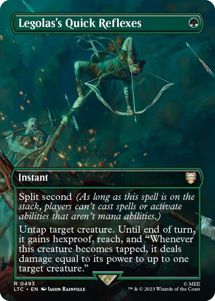 Magic Legolas's Quick Reflexes #493 Commander: The Lord of the Rings: Tales of Middle-earth Borderless Foil Near Mint English Trading Card — catalog front, TCGplayer SKU 7438114