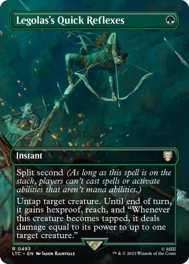 Magic Legolas's Quick Reflexes #493 Commander: The Lord of the Rings: Tales of Middle-earth Borderless Foil Near Mint English Trading Card — catalog front, TCGplayer SKU 7438114