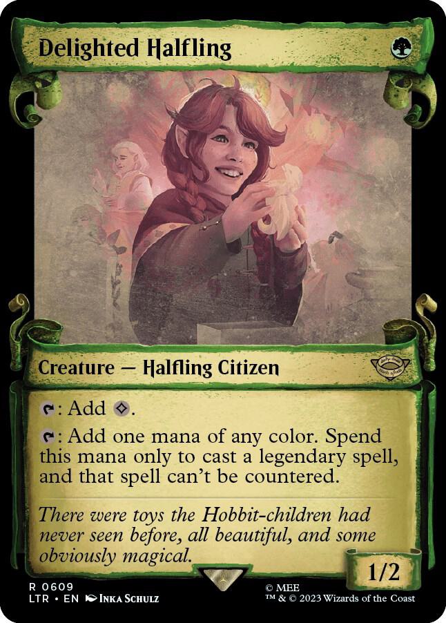 Magic Delighted Halfling #609 Universes Beyond: The Lord of the Rings: Tales of Middle-earth Showcase Scrolls Foil Near Mint English Trading Card — catalog front, TCGplayer SKU 7540022