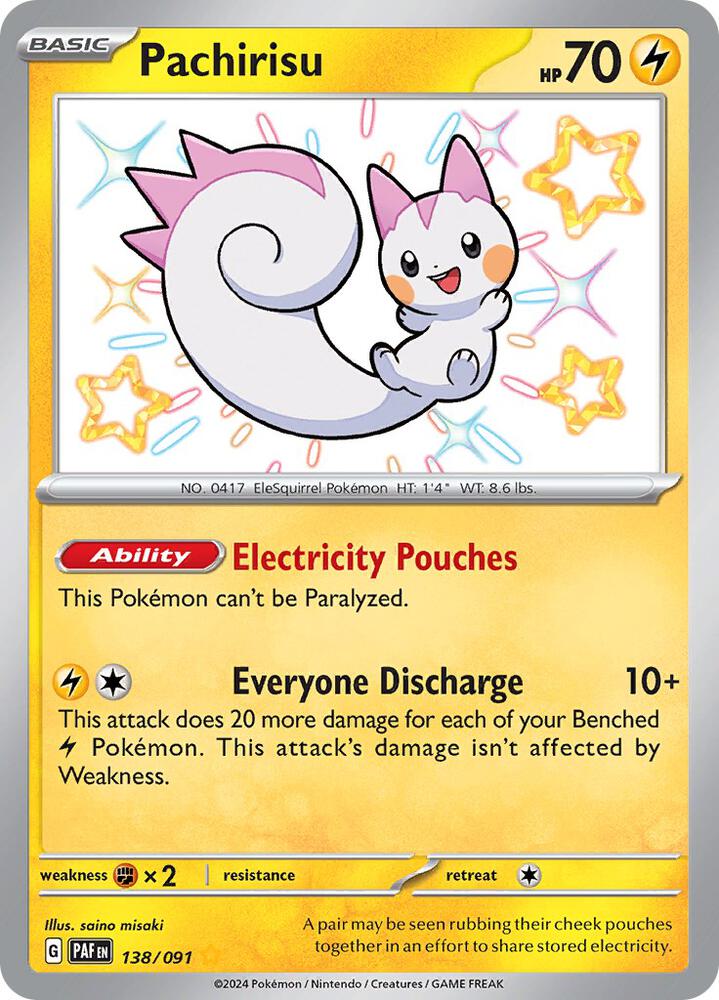 Pokémon Pachirisu #138/091 SV: Paldean Fates Shiny Rare Holofoil Near Mint English Trading Card — catalog front, TCGplayer SKU 7694642