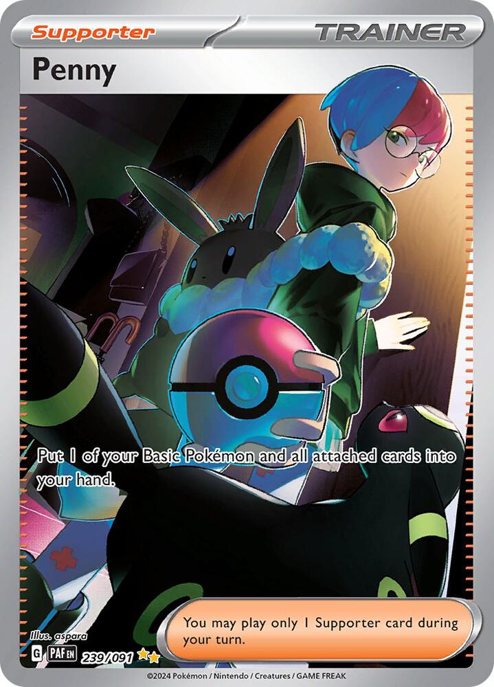 Pokémon Penny #239/091 SV: Paldean Fates Special Illustration Rare Holofoil Near Mint English Trading Card — catalog front, TCGplayer SKU 7700368