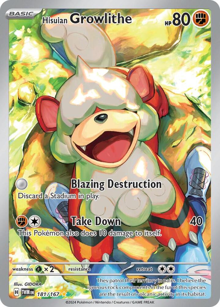 Pokémon Hisuian Growlithe #181/167 SV06: Twilight Masquerade Illustration Rare Holofoil Near Mint Trading Card