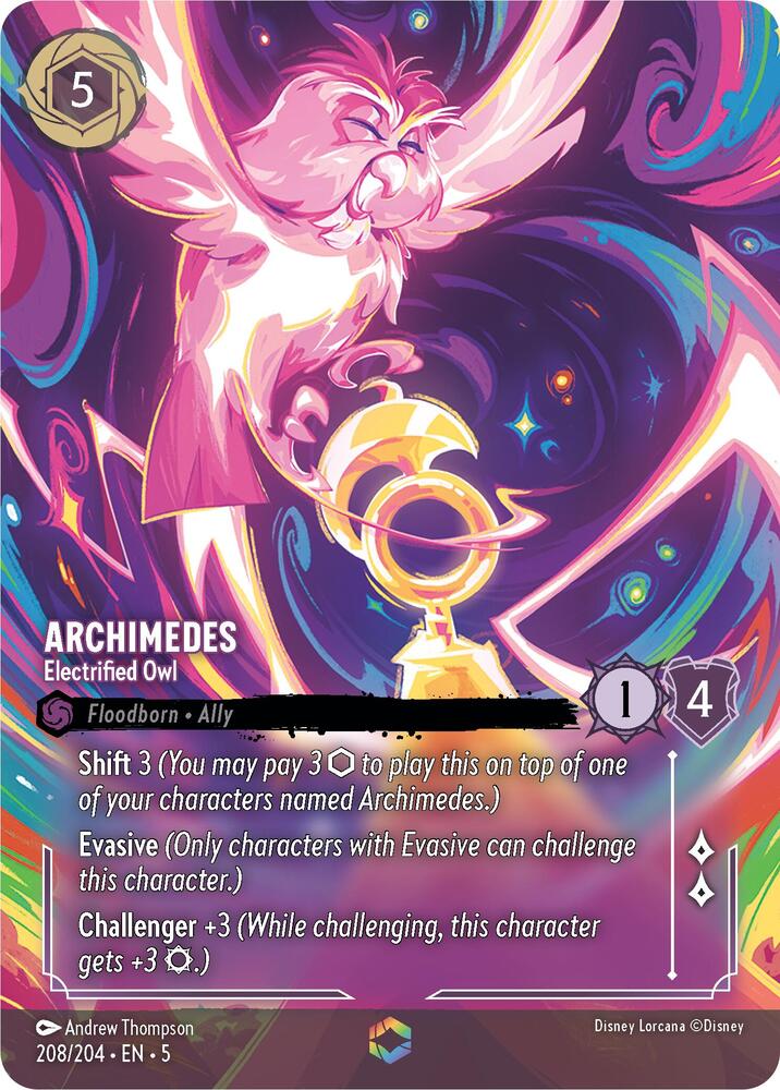 Lorcana TCG Archimedes - Electrified Owl #208/204 Shimmering Skies Enchanted Holofoil Near Mint Trading Card