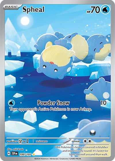 Pokémon Spheal #199/191 SV08: Surging Sparks Illustration Rare Holofoil Near Mint English Trading Card — catalog front, TCGplayer SKU 8299467